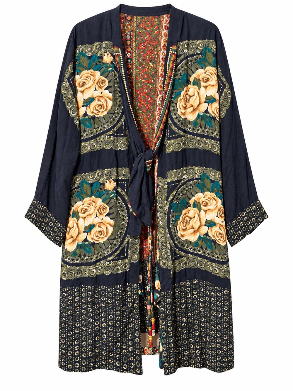 Carole Little Boho Floral Kimono Duster Tie Front Long Cardigan Statement Jacket